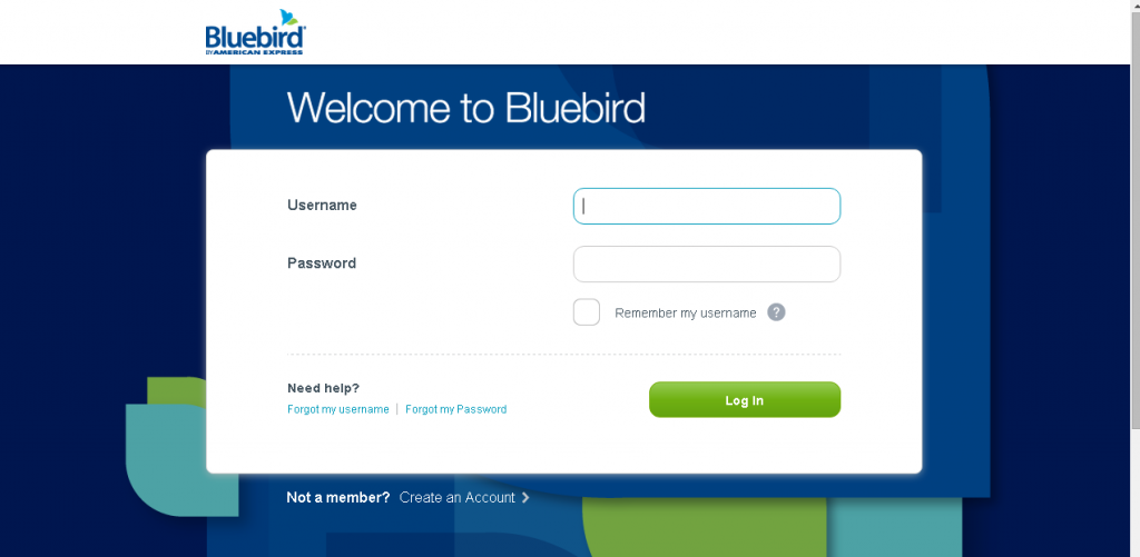 bluebird american express login page screenshot