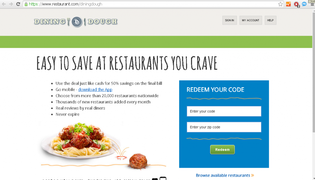 dining dough redeem certificate portal screenshot
