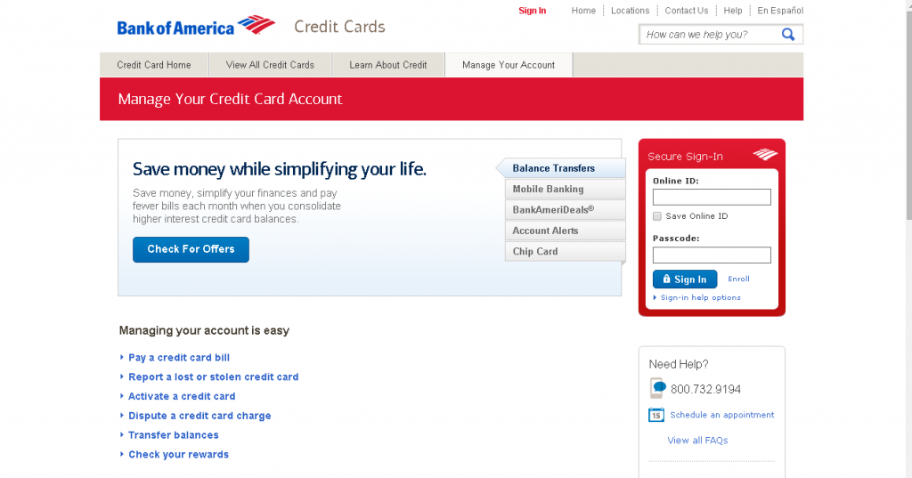 bank of america credit card login screen