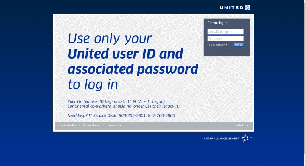 united airlines skynet employee login page screenshot