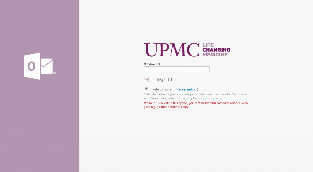 Mail.upmc.edu email UPMC Login page screenshot