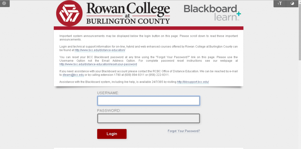 bcc blackboard login portal screenshot