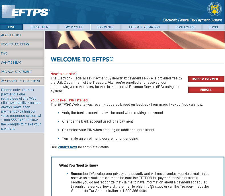 eftps federal tax system login page screenshot