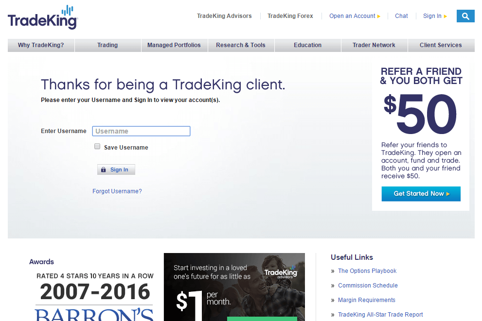 tradeking login page screenshot