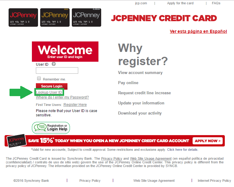 jcpenney credit card lookup user id link screenshot