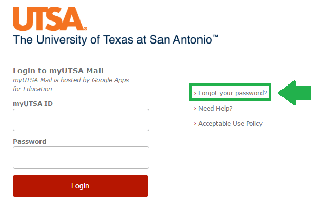 utsa mail forgot password link screenshot