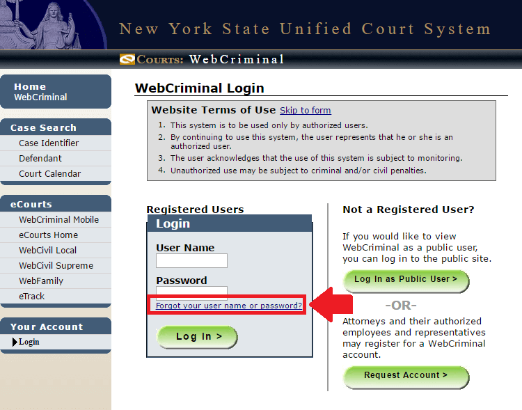 webcrims forgot user name or password link screenshot