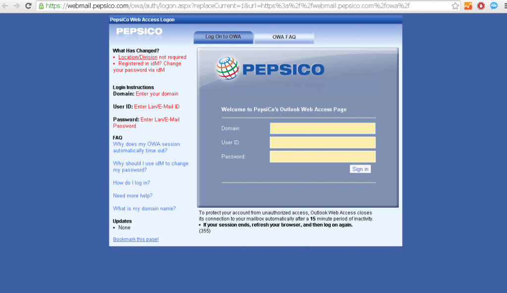 pepsico webmail login page screenshot