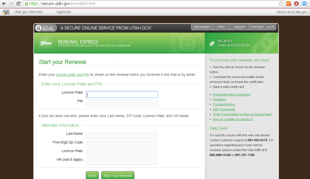 online license plate renewal in utah page screenshot