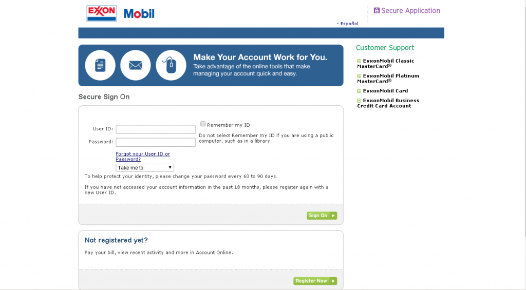 exxon mobil account online login screenshot