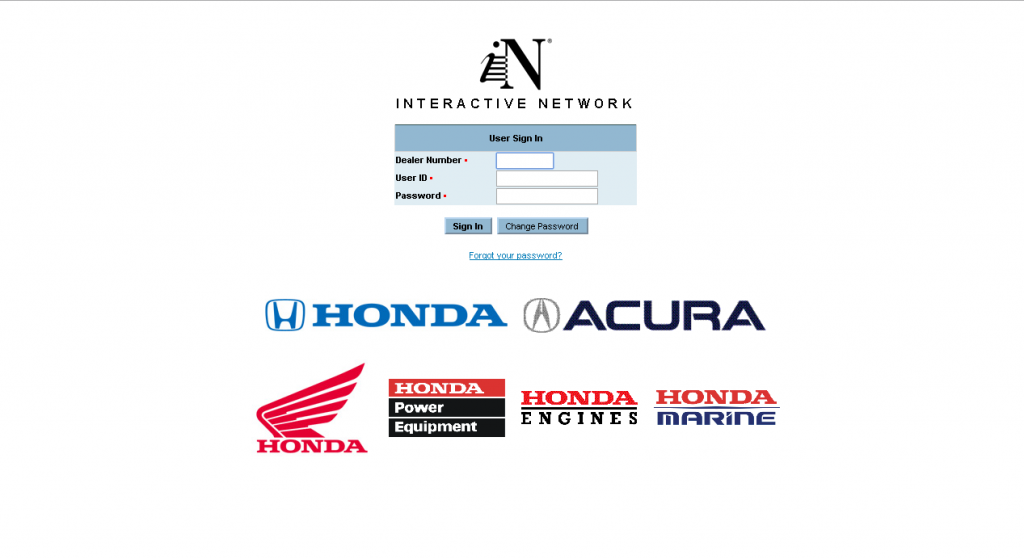 honda interactive network employee in honda login page screenshot