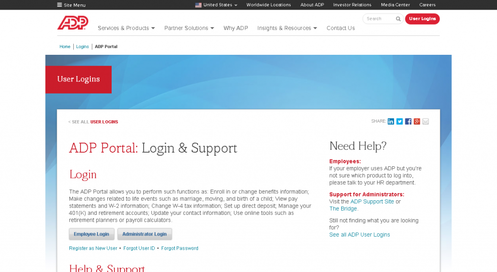 ADP employee login portal screenshot
