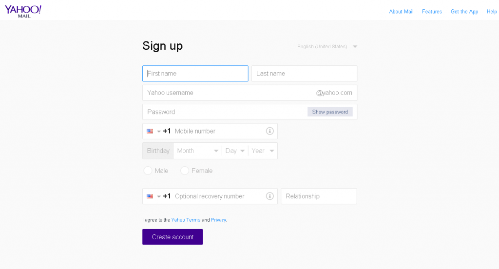 create a new email account on Yahoo screenshot