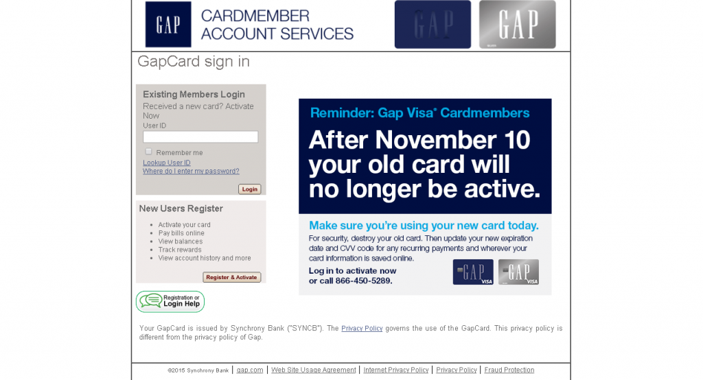 screenshot of GAP card login portal