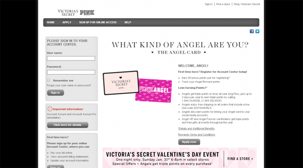 victorias secret angel card login screenshot