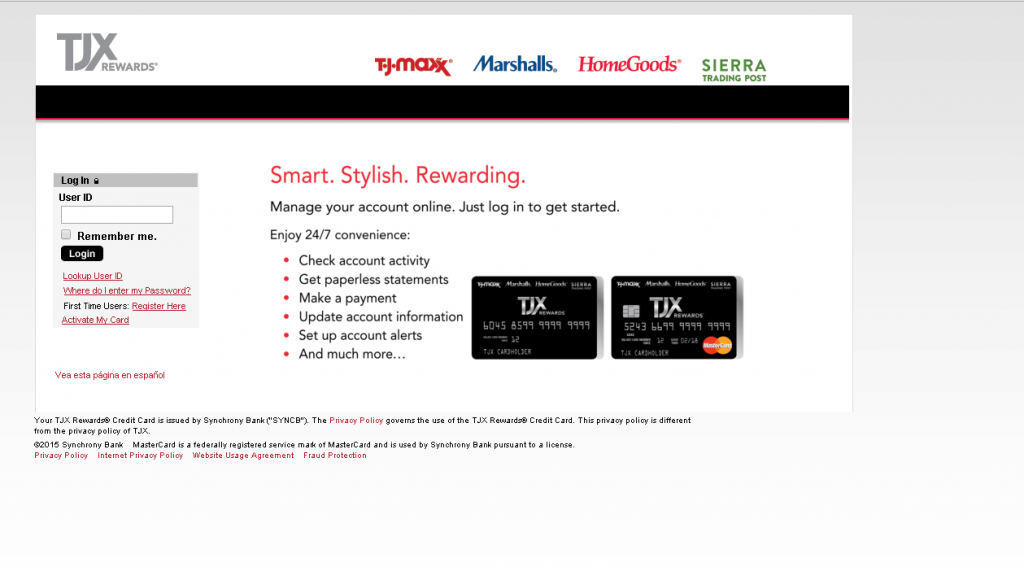tj maxx credit card login page screenshot