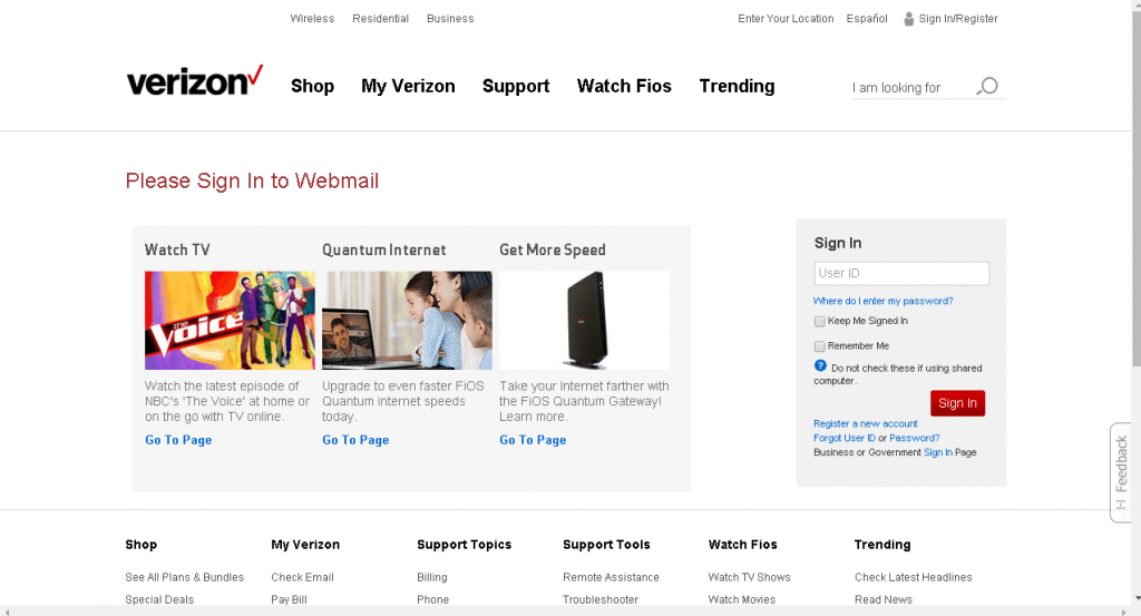 Verizon.net webmail login portal screenshot