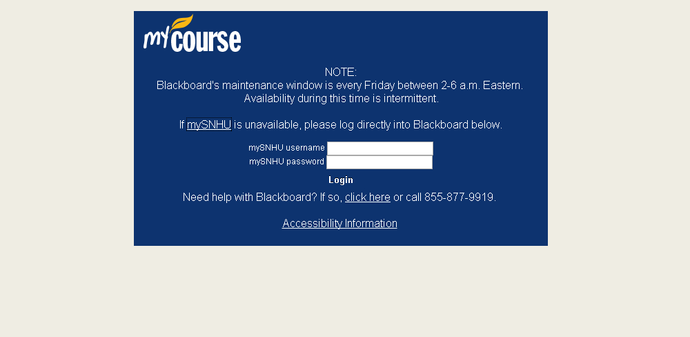 snhu blackboard login page screenshot