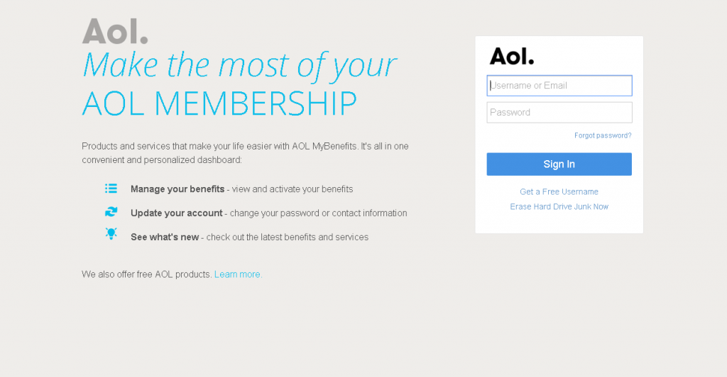 AOL login page screenshot