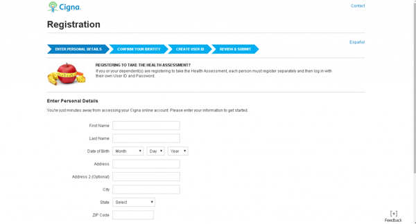 mycigna account registration page screenshot