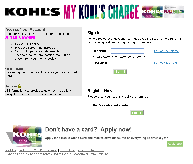 kohls credit card login and register portal screenshot 