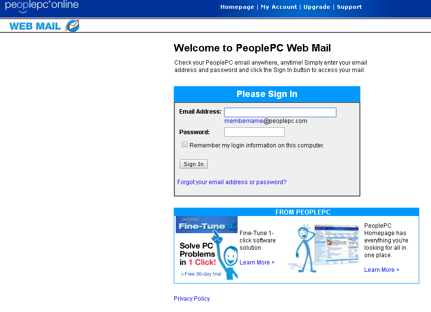 Peoplepc login website screenshot