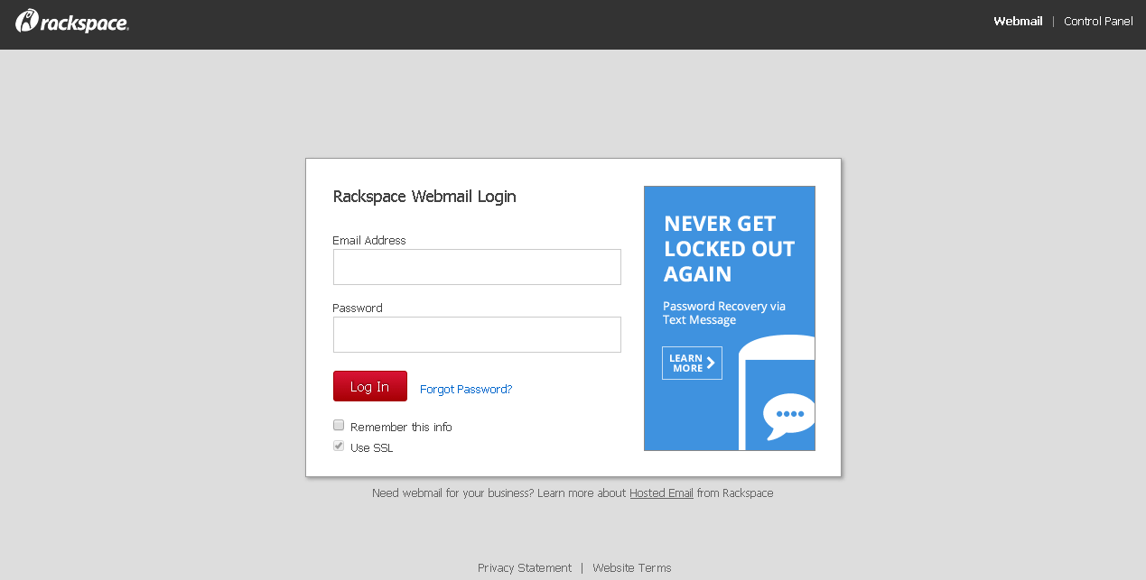 rackspace email login website screenshot