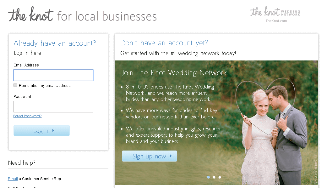 the knot vendor login site screenshot