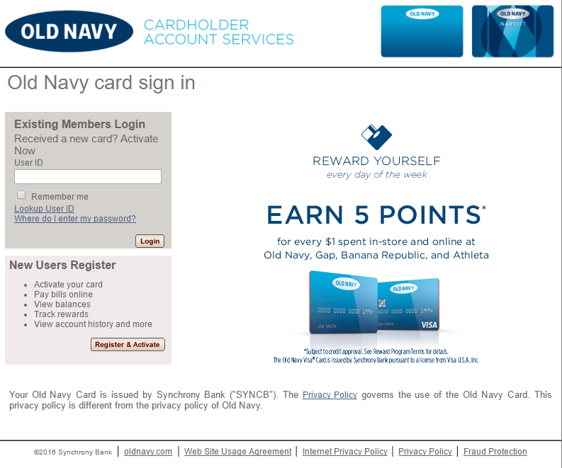 old navy credit card login page screenshot