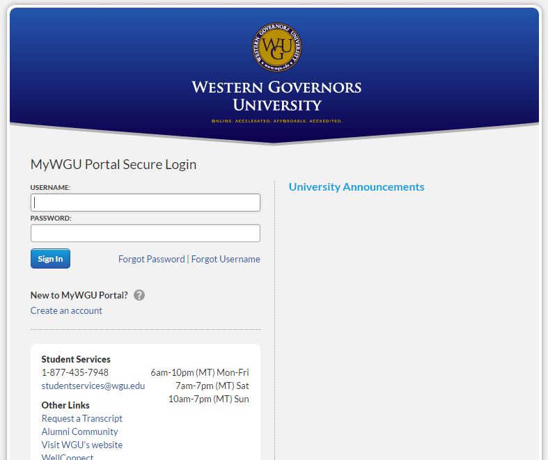 western governors university login portal screenshot