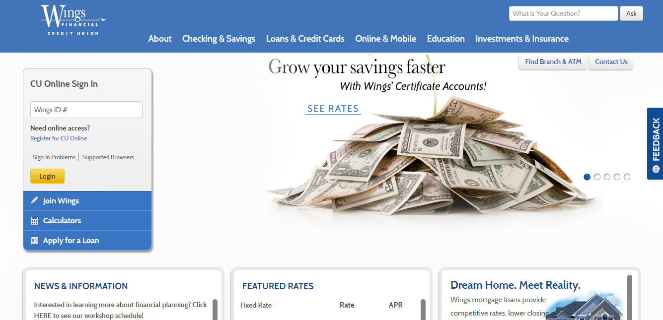 wings financial login platform screenshot