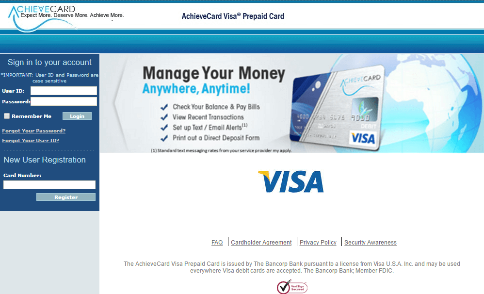 achieve card login platform screenshot