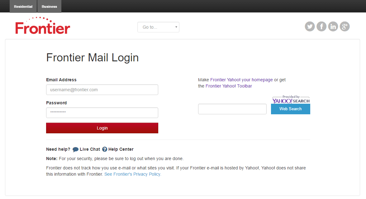 frontier mail login site screenshot