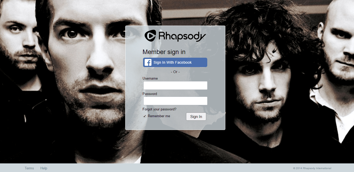 rhapsody login page screenshot