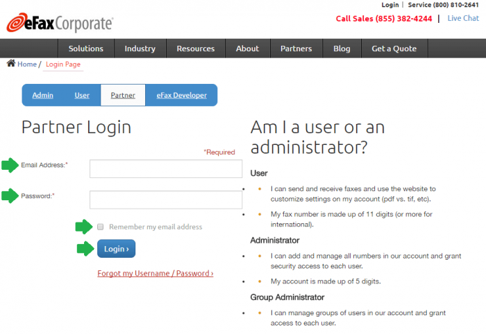 screenshot of efax partner login page
