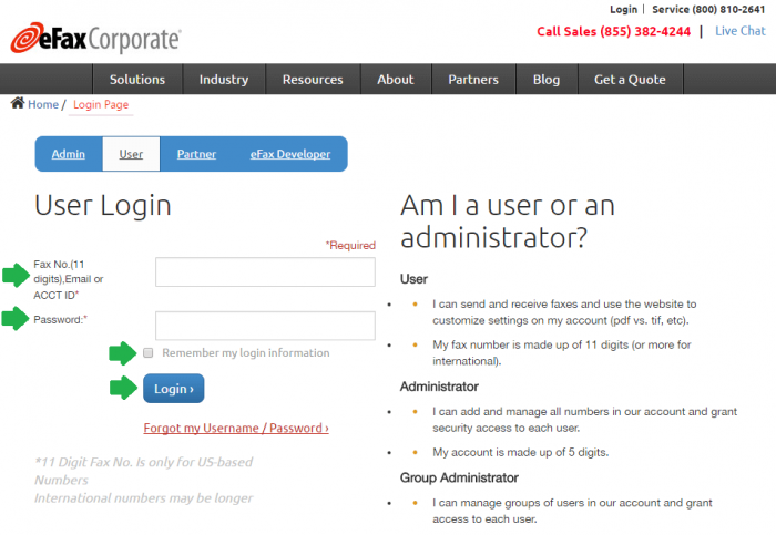 screenshot of efax user login page