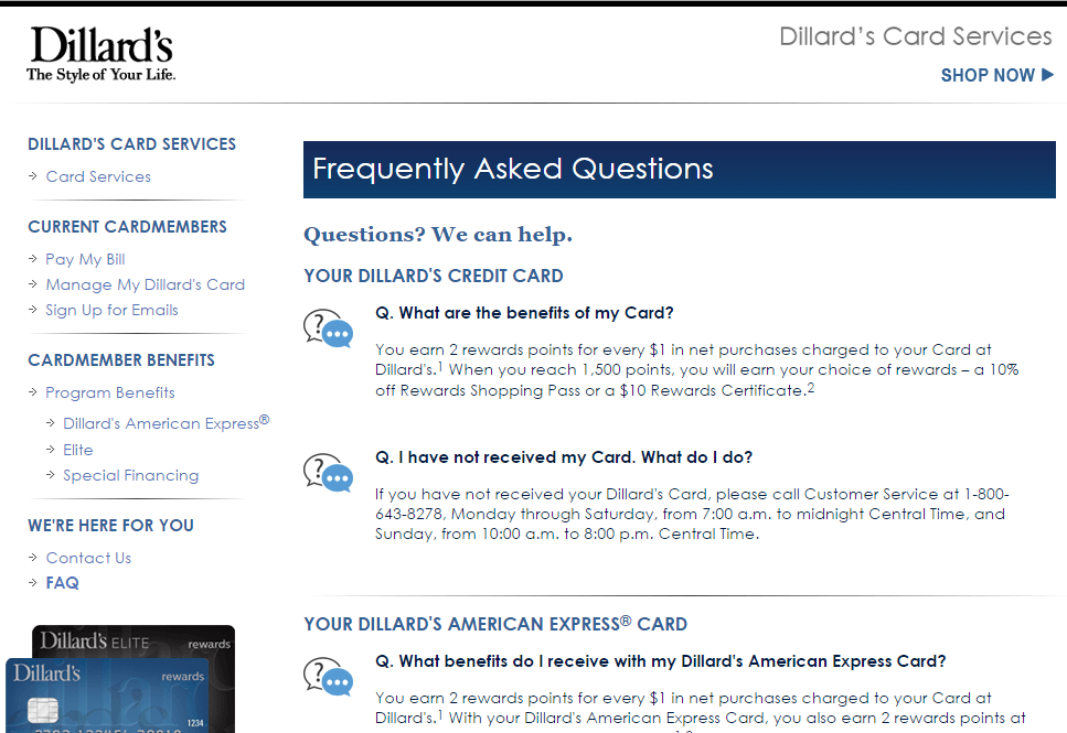 dillards FAQ page screenshot