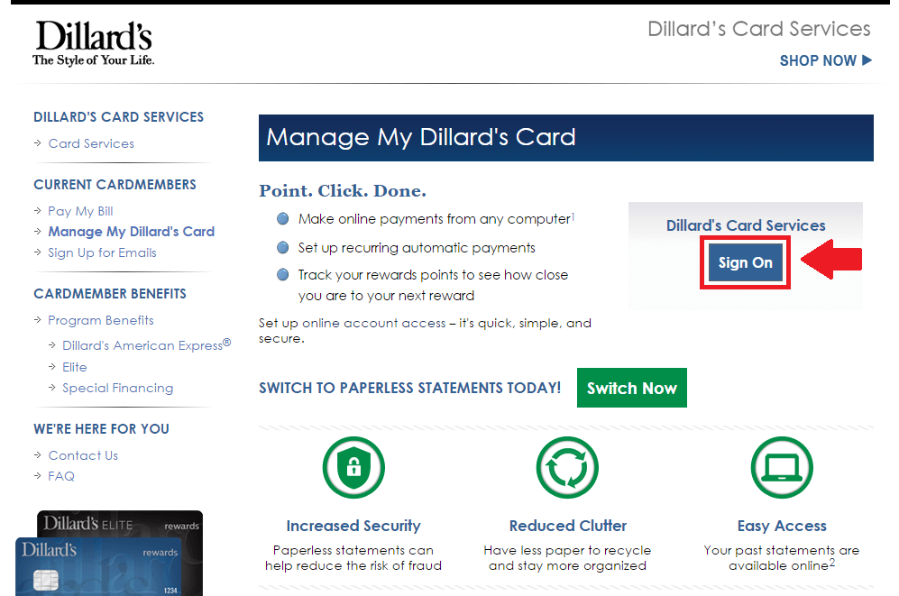 dillards card management landing page screenshot