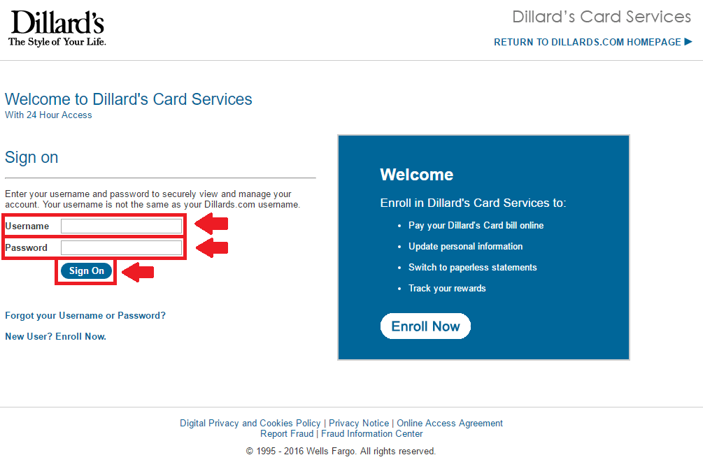 dillards credit card login page screenshot