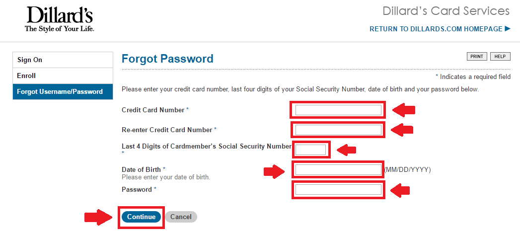 dillards forgot username or password page screenshot