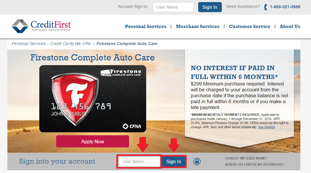 firestone credit card login page screenshot