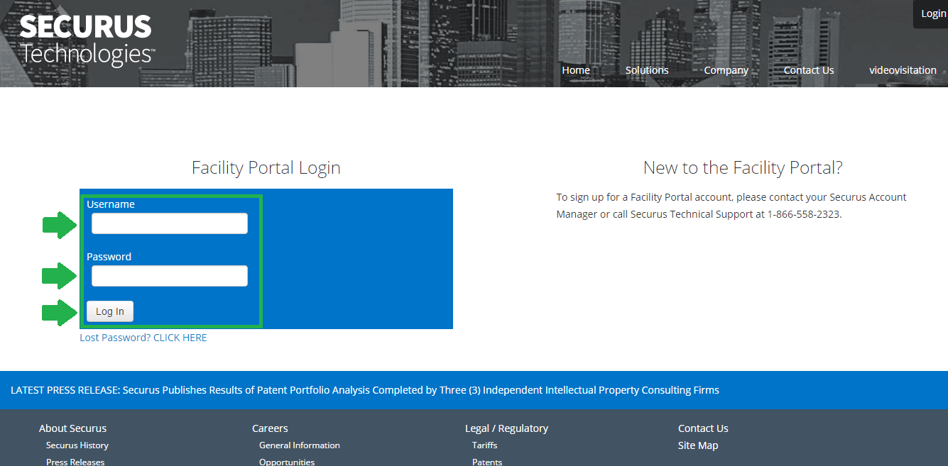 securus tech facility portal screenshot