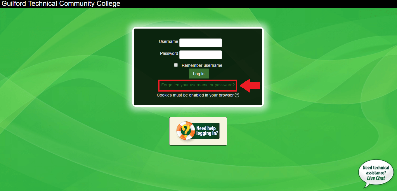 gtcc moodle forgot username or password screenshot