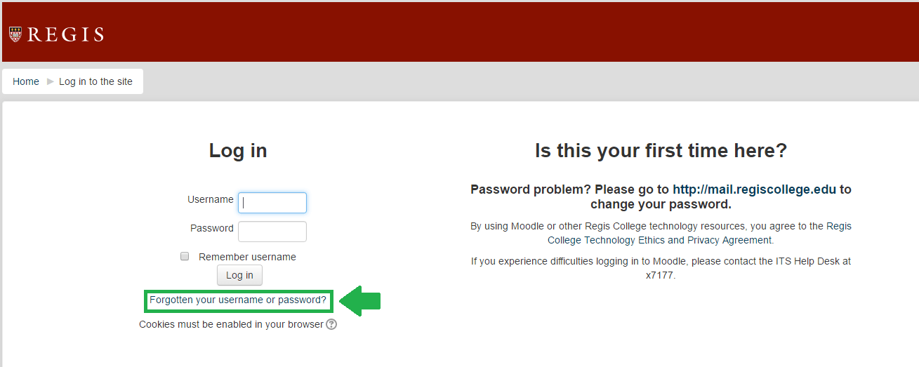 regis moodle forgot credentials link screenshot