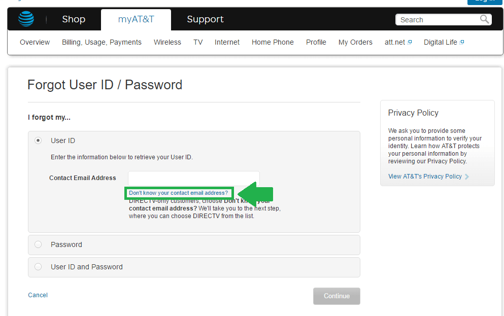 att net forgot contact email address link screenshot 