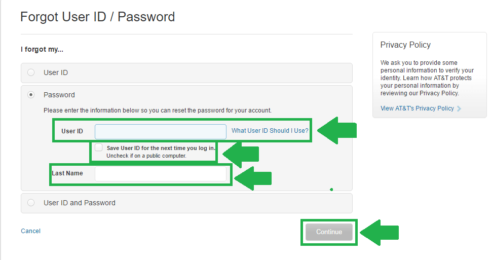 att net forgot password process screenshot