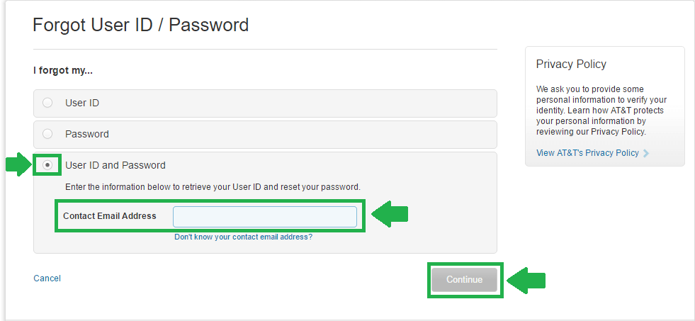 att net forgot user id and password process screenshot