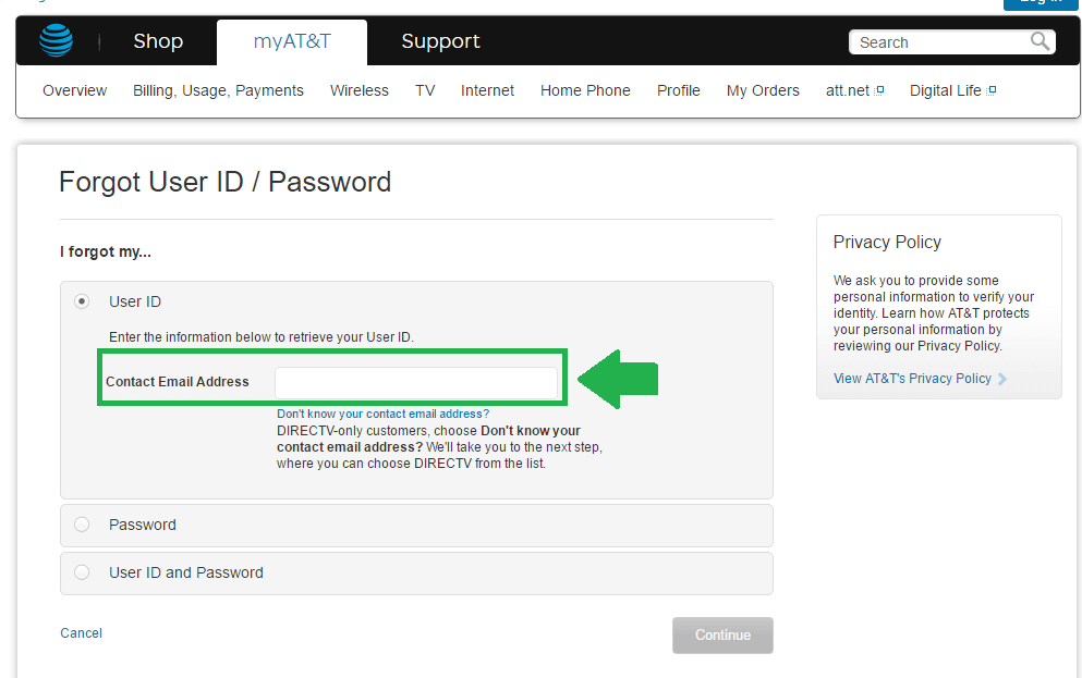 att net forgot user id process screenshot