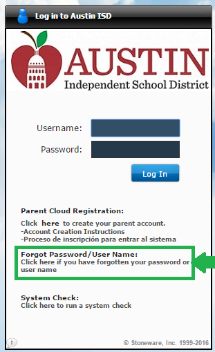 austin isd cloud forgot user or password link screenshot