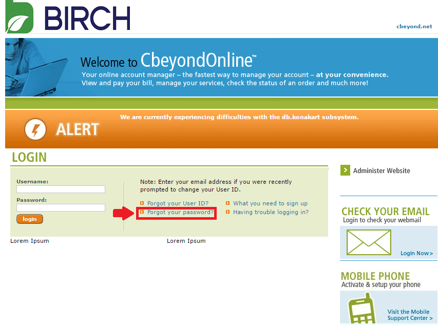 cbeyond forgot password link screenshot